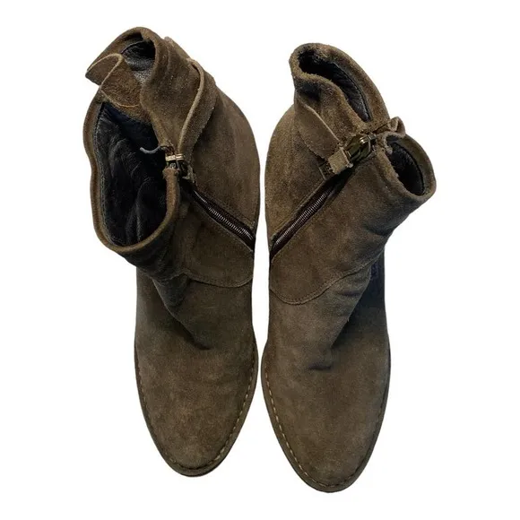 Alberto Fermani Booties 8.5 Leather Suede Almond Toe Block Heel Buckle Brown