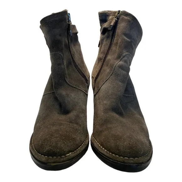Alberto Fermani Booties 8.5 Leather Suede Almond Toe Block Heel Buckle Brown
