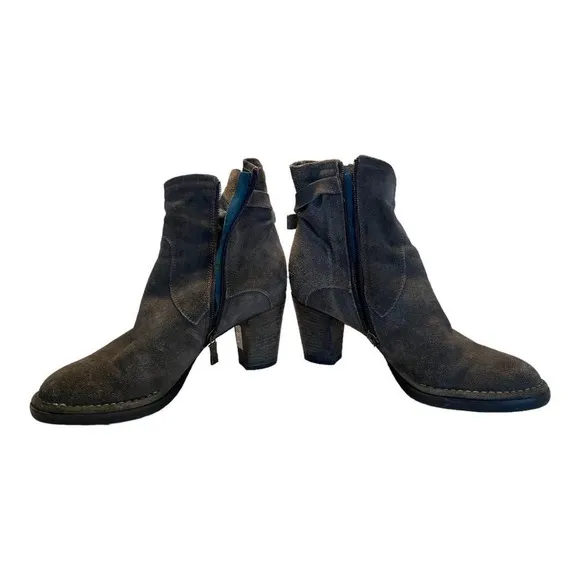 Alberto Fermani Booties 8.5 Leather Suede Almond Toe Block Heel Buckle Brown