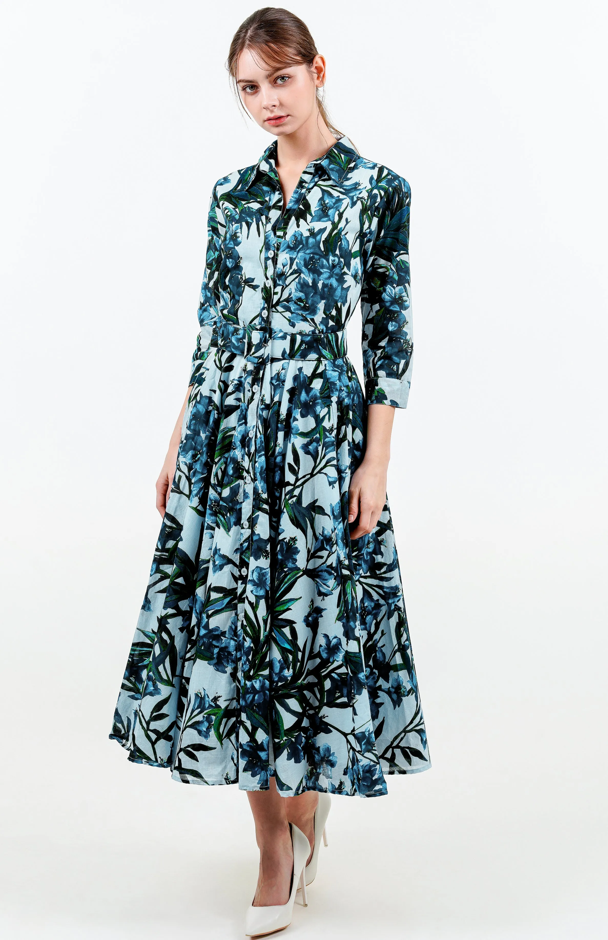 Aster Dress Shirt Collar 3/4 Sleeve Midi Length Cotton Musola (Paper Flower Ground)