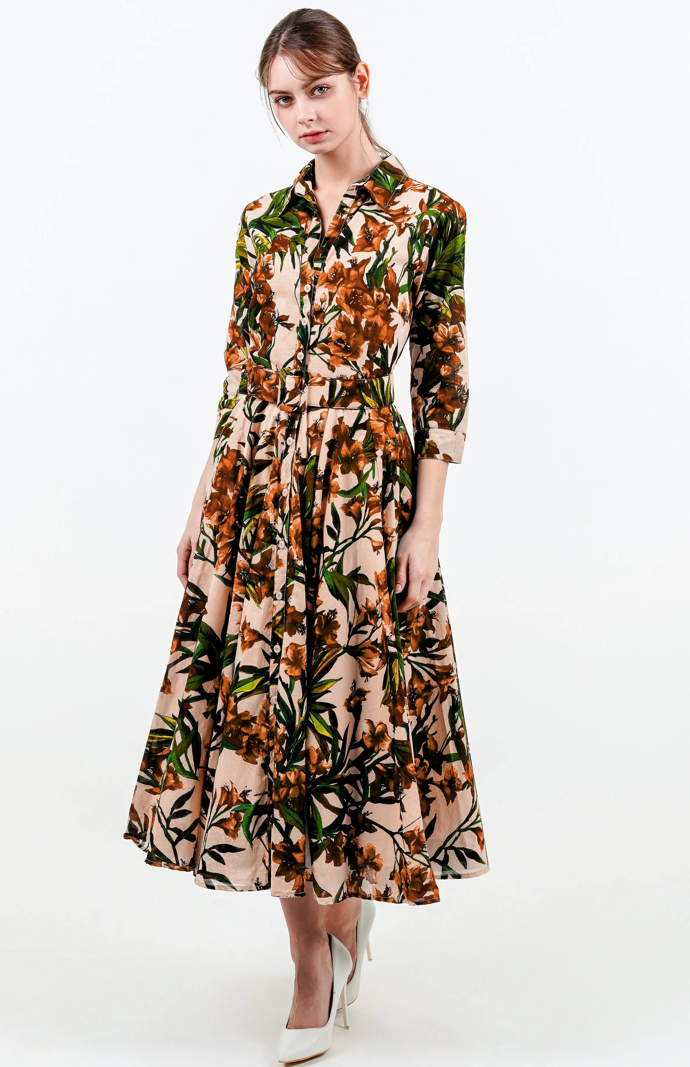Aster Dress Shirt Collar 3/4 Sleeve Midi Length Cotton Musola (Paper Flower Ground)