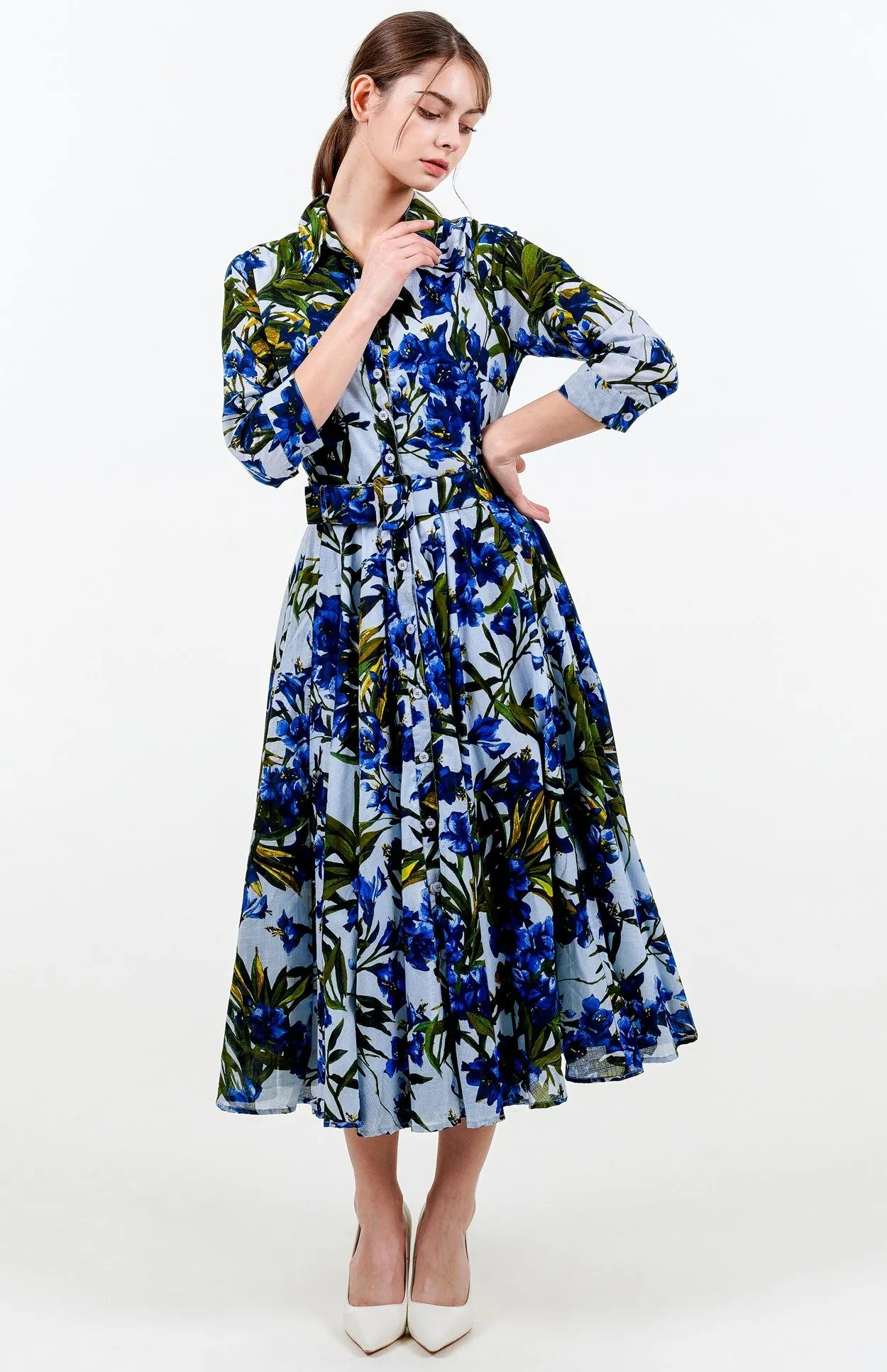 Aster Dress Shirt Collar 3/4 Sleeve Midi Length Cotton Musola (Paper Flower Ground)