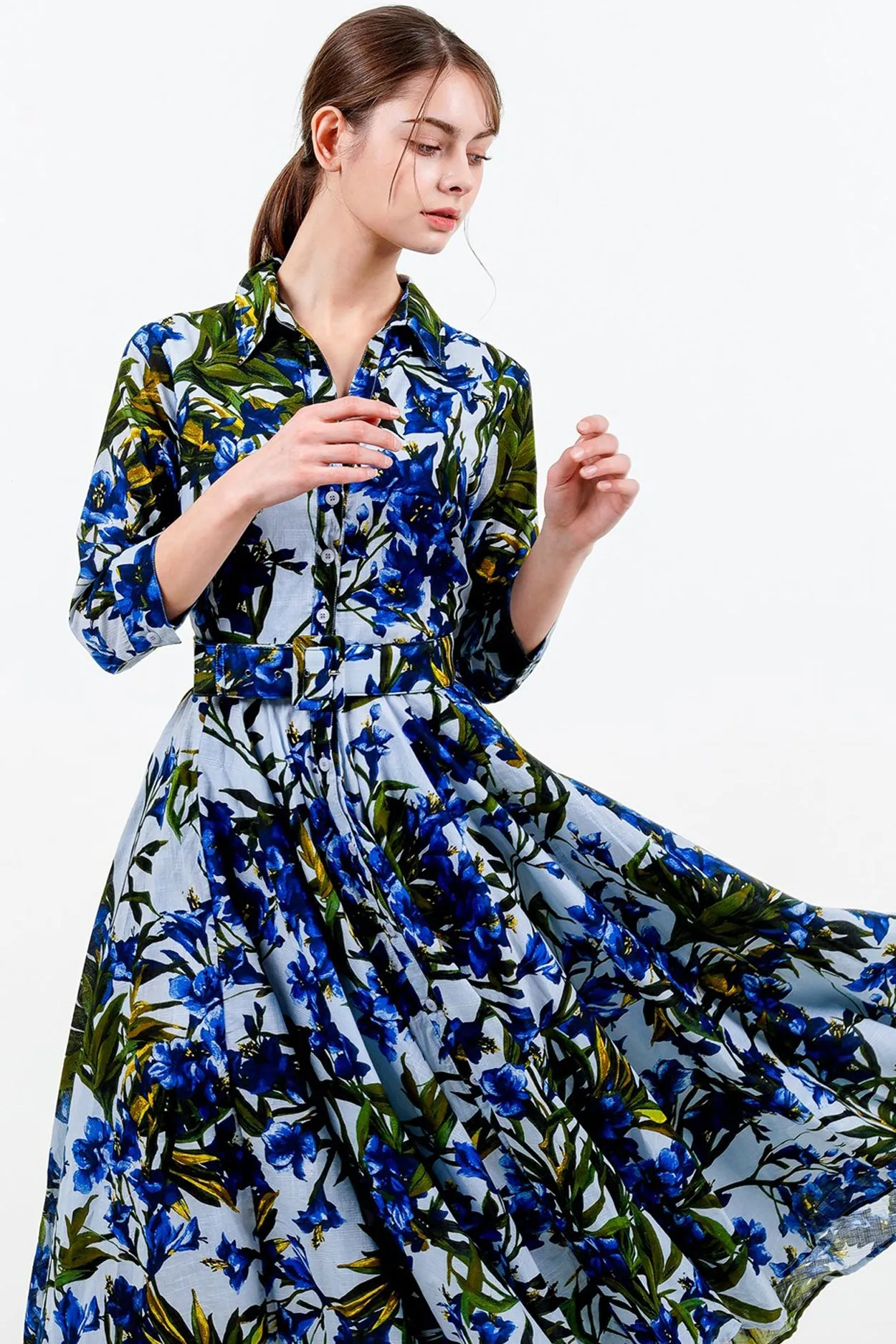 Aster Dress Shirt Collar 3/4 Sleeve Midi Length Cotton Musola (Paper Flower Ground)