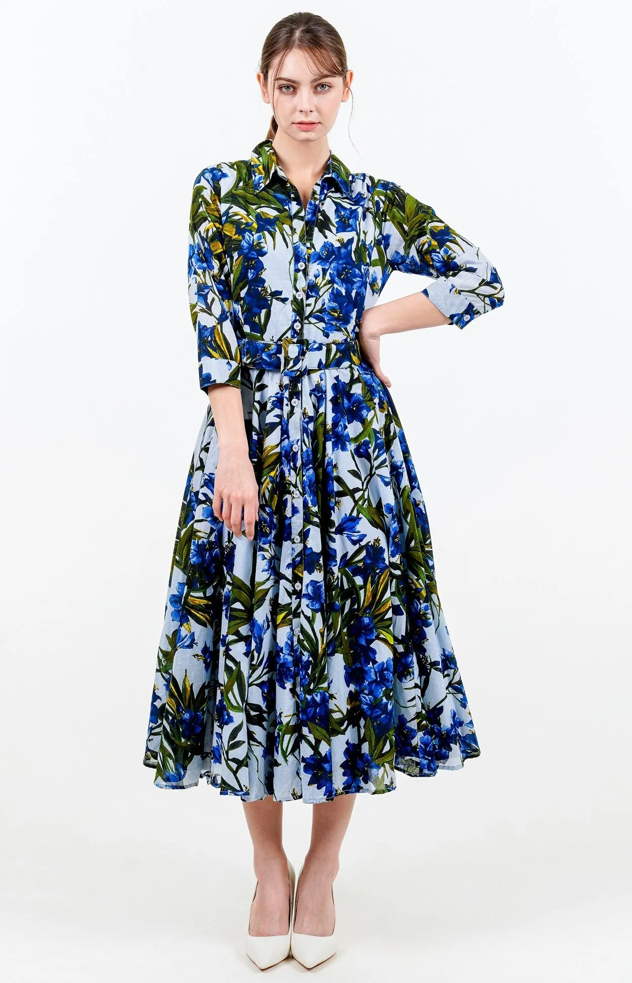 Aster Dress Shirt Collar 3/4 Sleeve Midi Length Cotton Musola (Paper Flower Ground)