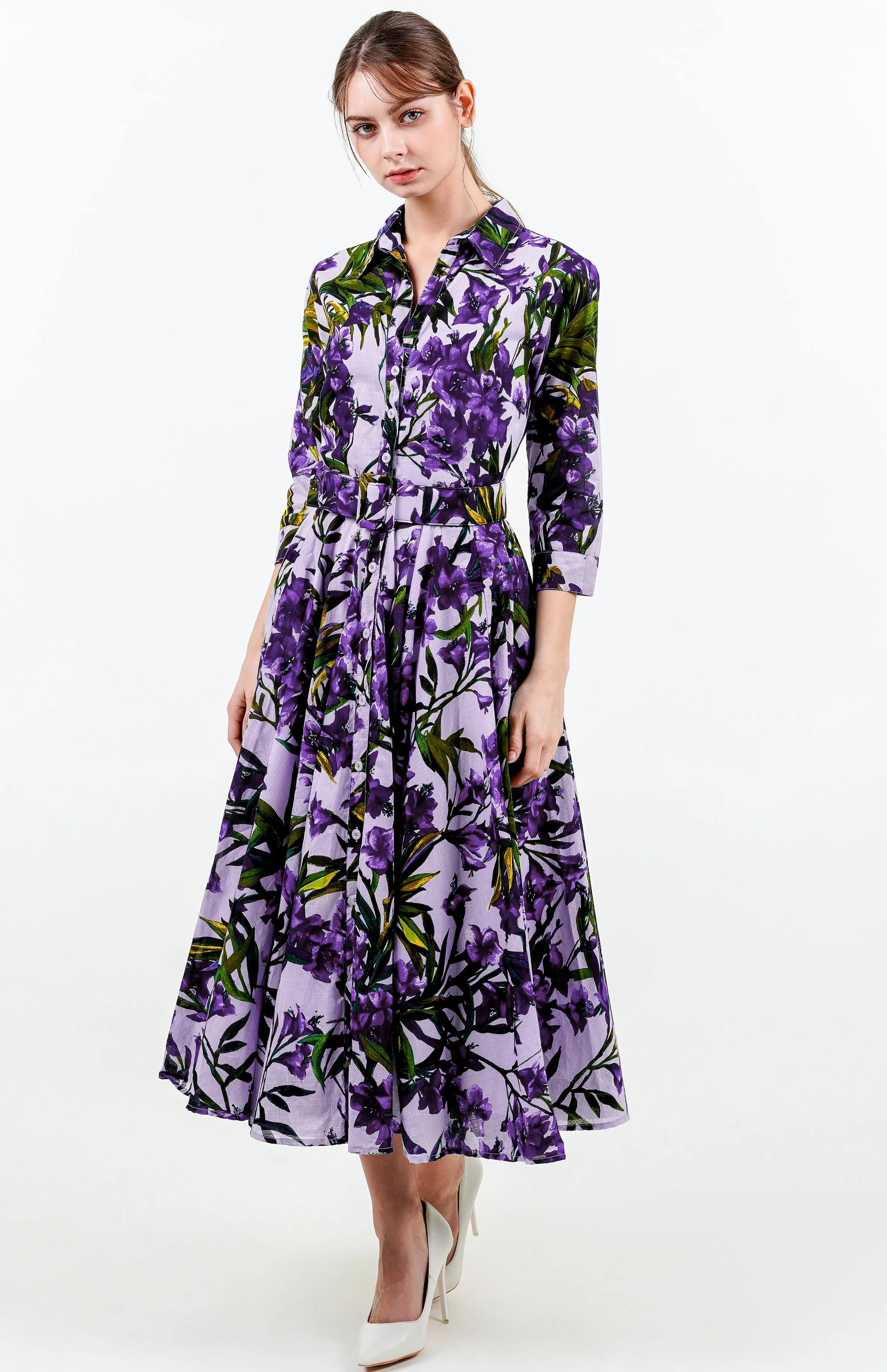 Aster Dress Shirt Collar 3/4 Sleeve Midi Length Cotton Musola (Paper Flower Ground)