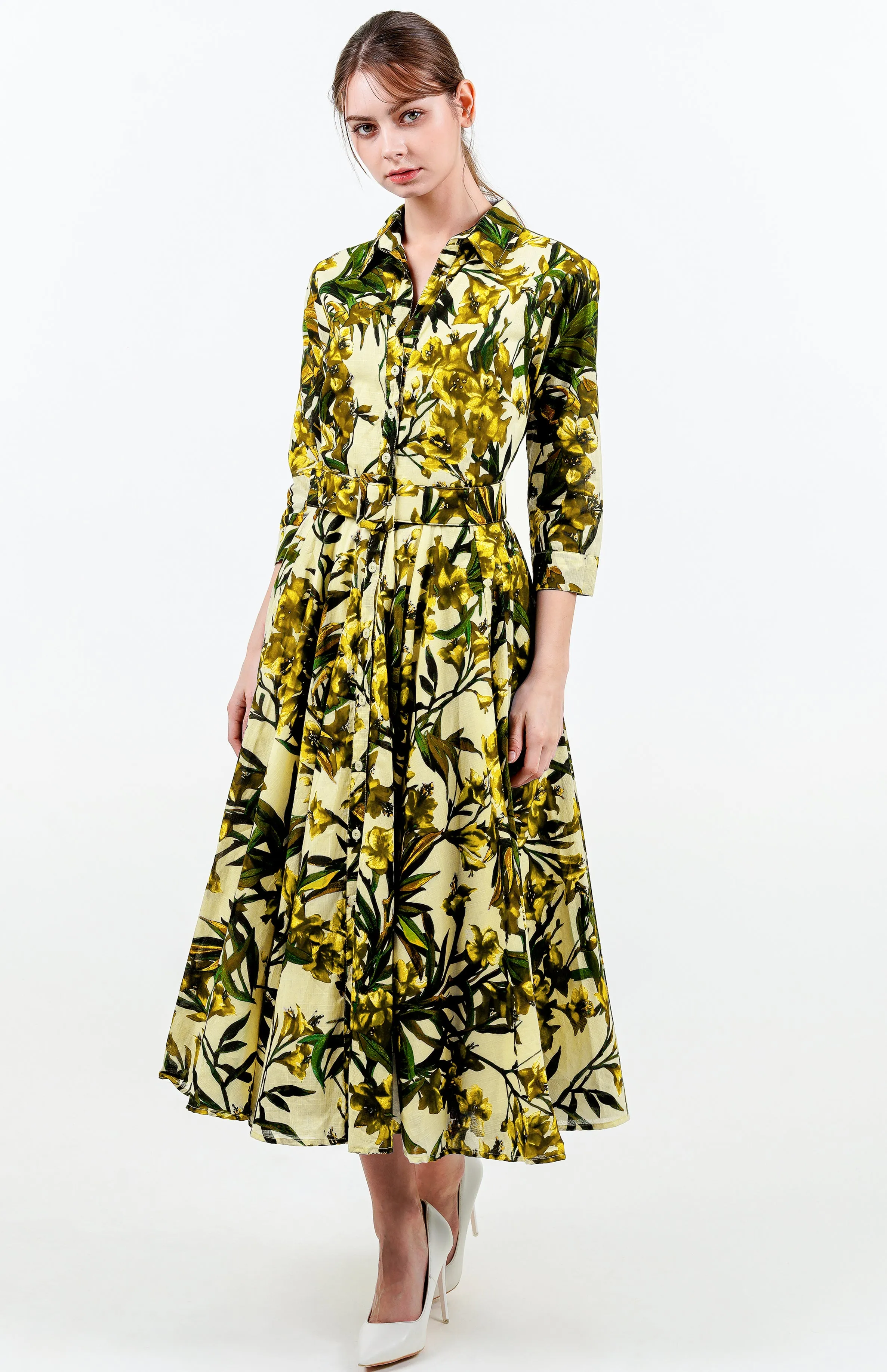 Aster Dress Shirt Collar 3/4 Sleeve Midi Length Cotton Musola (Paper Flower Ground)