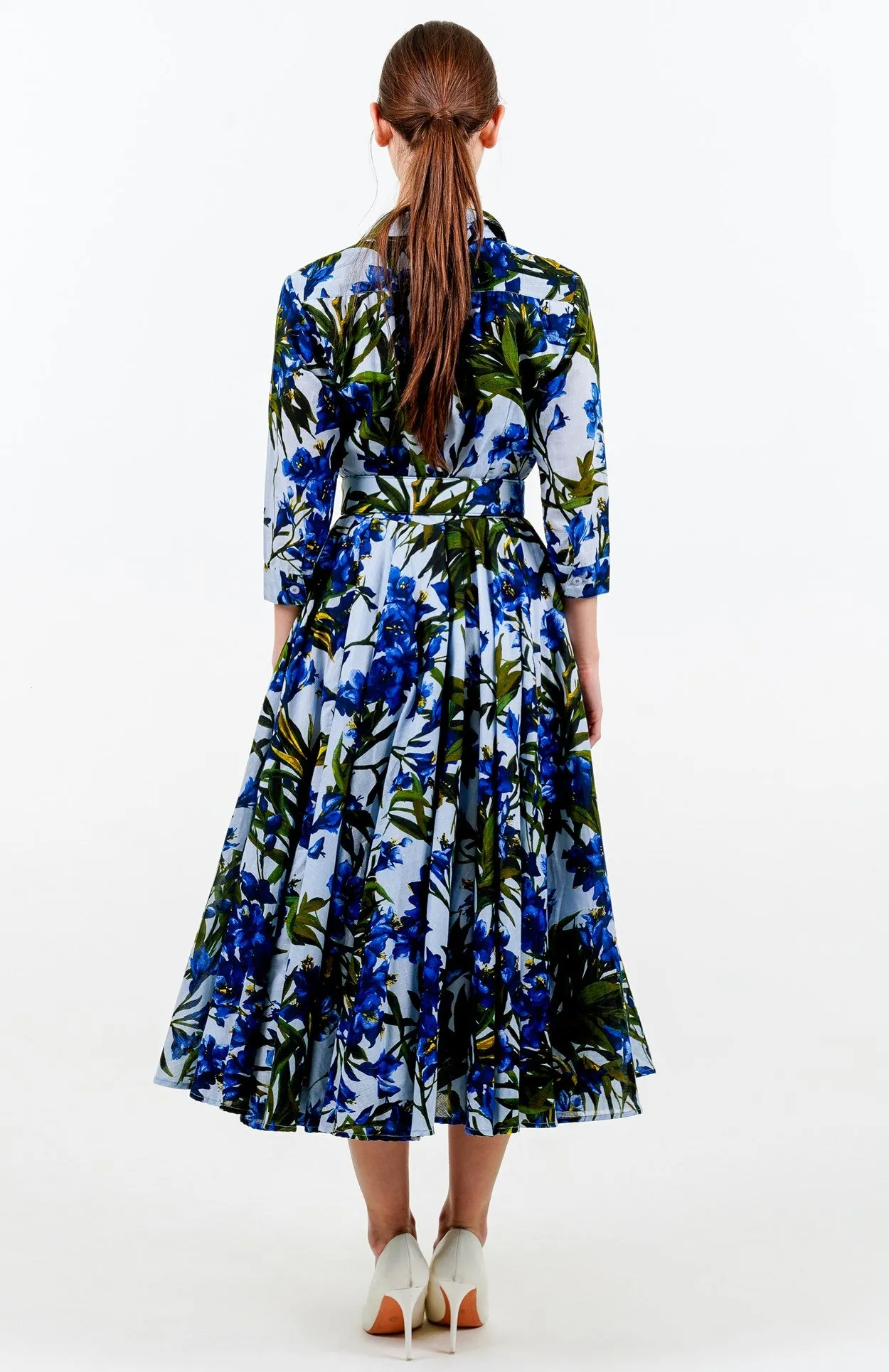 Aster Dress Shirt Collar 3/4 Sleeve Midi Length Cotton Musola (Paper Flower Ground)