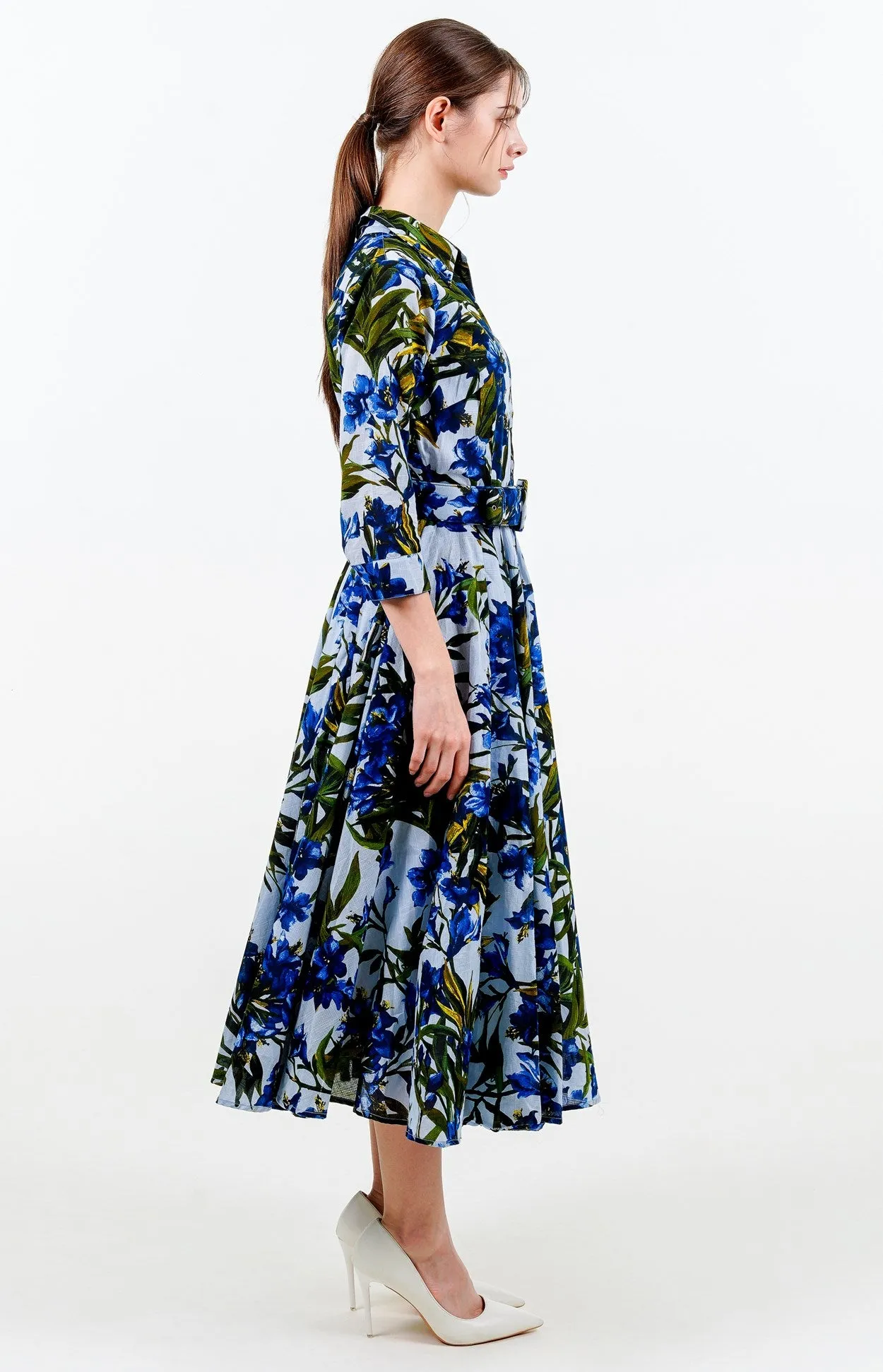 Aster Dress Shirt Collar 3/4 Sleeve Midi Length Cotton Musola (Paper Flower Ground)