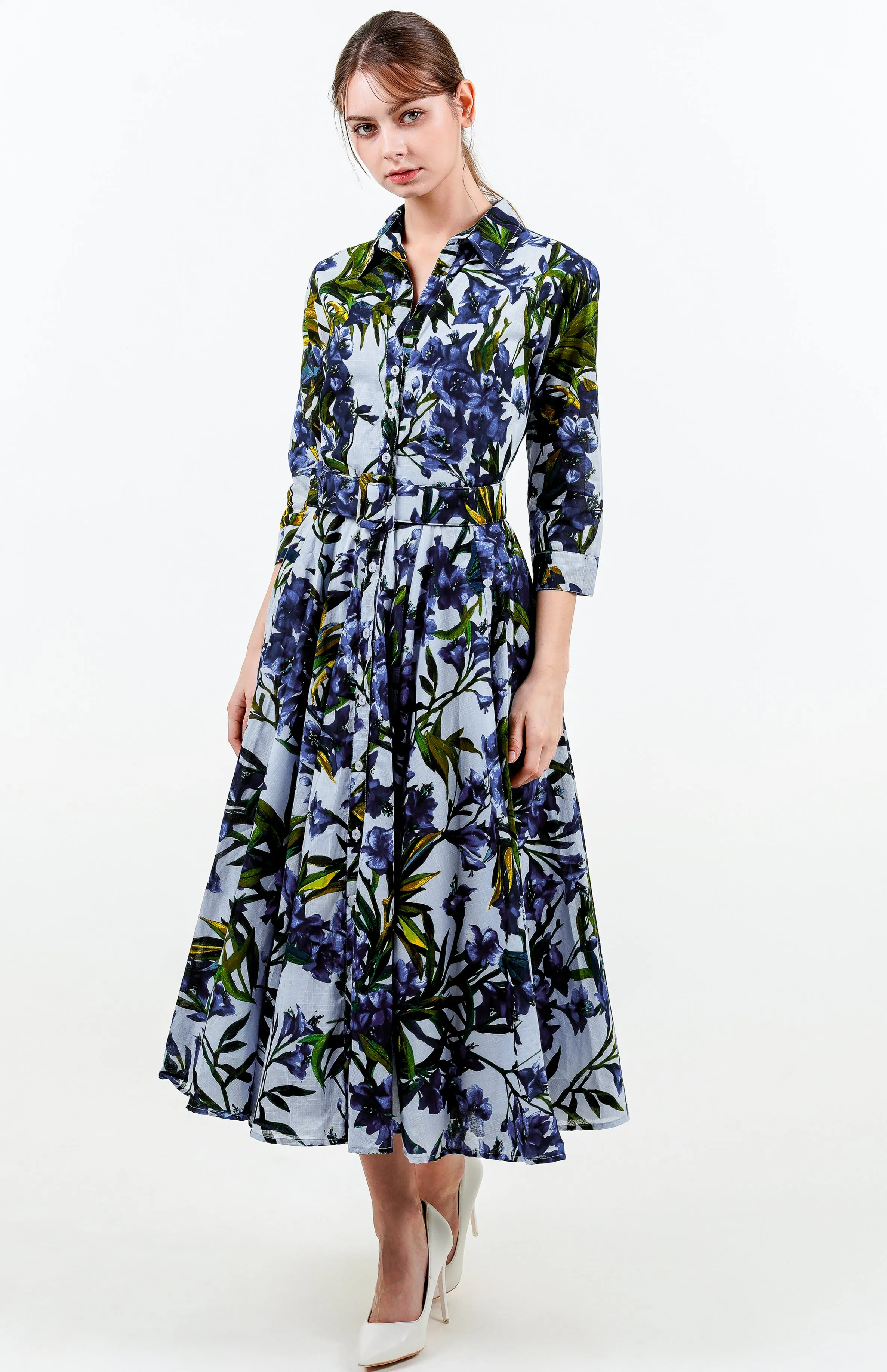Aster Dress Shirt Collar 3/4 Sleeve Midi Length Cotton Musola (Paper Flower Ground)