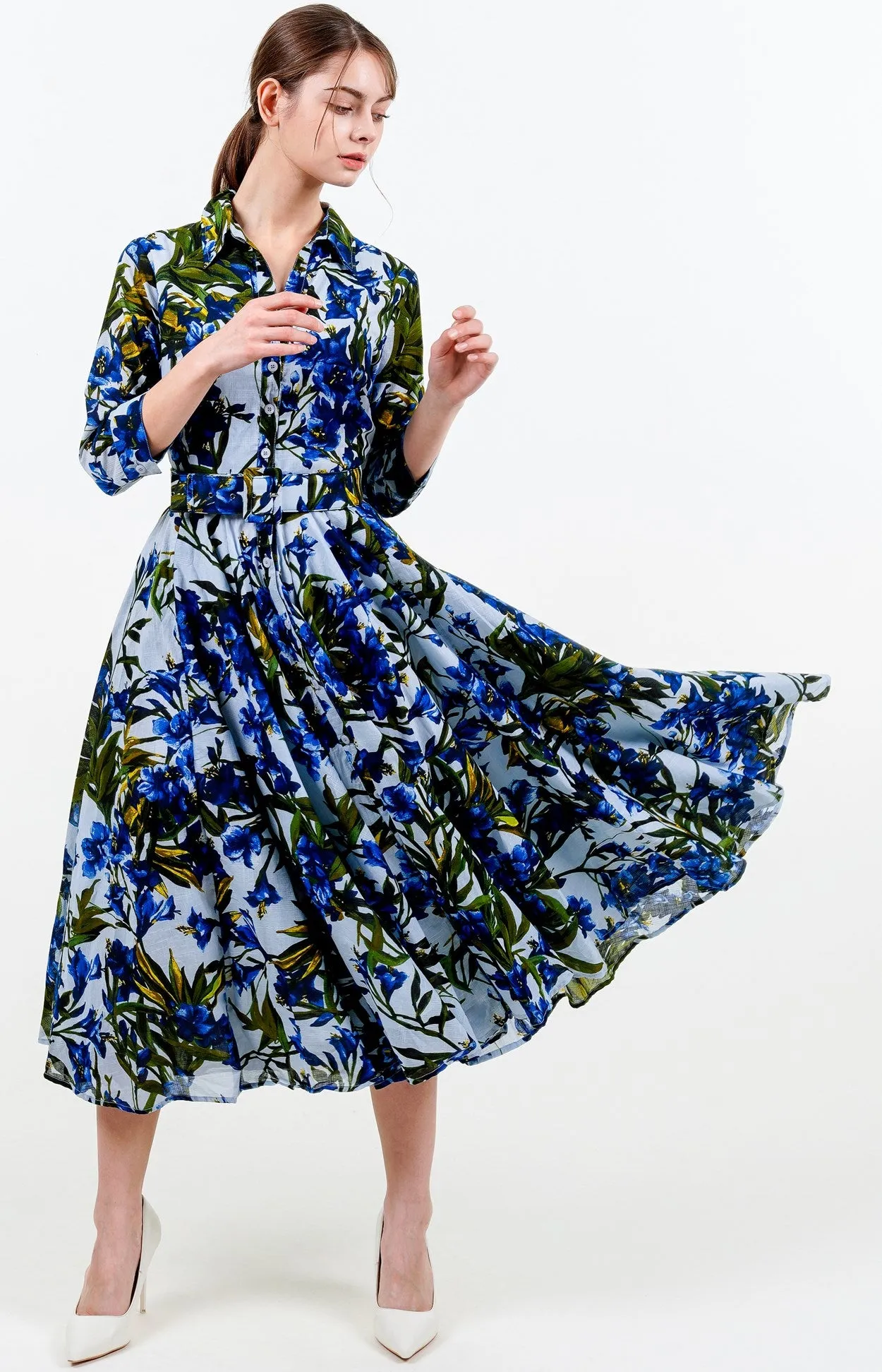 Aster Dress Shirt Collar 3/4 Sleeve Midi Length Cotton Musola (Paper Flower Ground)