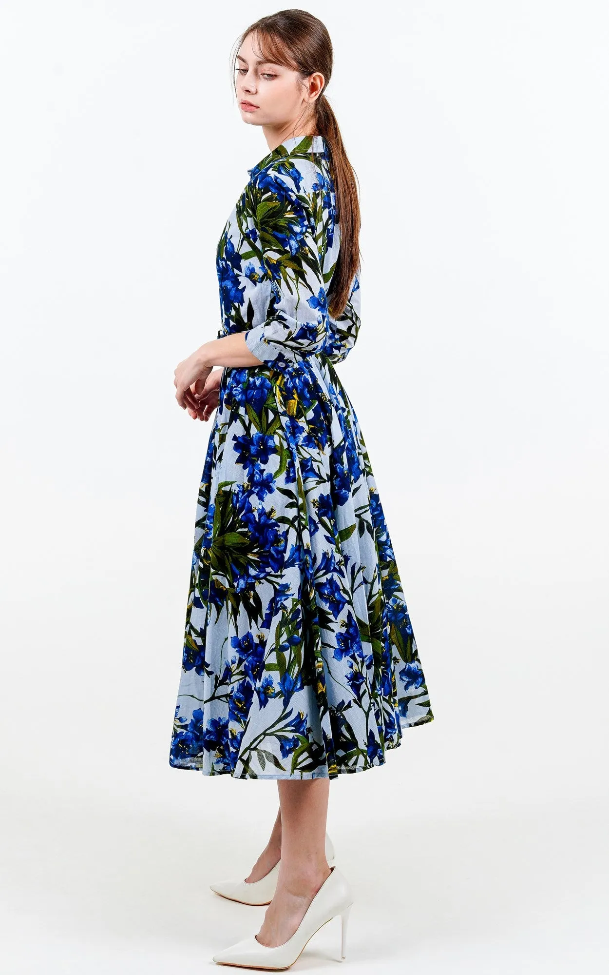Aster Dress Shirt Collar 3/4 Sleeve Midi Length Cotton Musola (Paper Flower Ground)