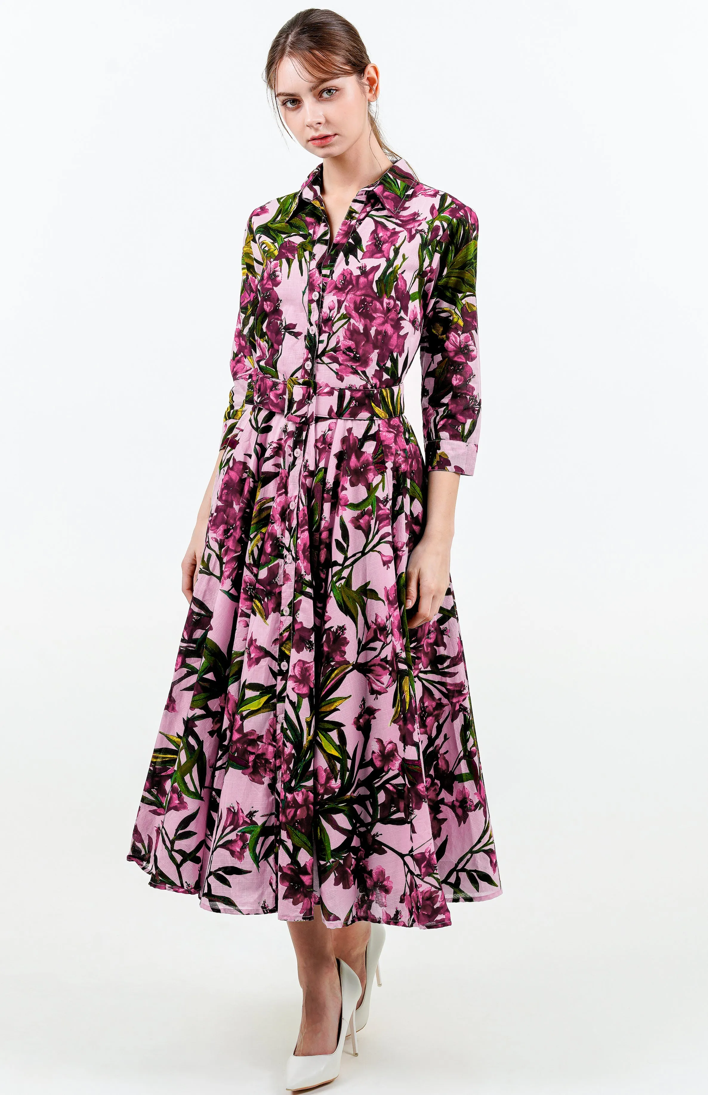 Aster Dress Shirt Collar 3/4 Sleeve Midi Length Cotton Musola (Paper Flower Ground)