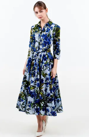 Aster Dress Shirt Collar 3/4 Sleeve Midi Length Cotton Musola (Paper Flower Ground)