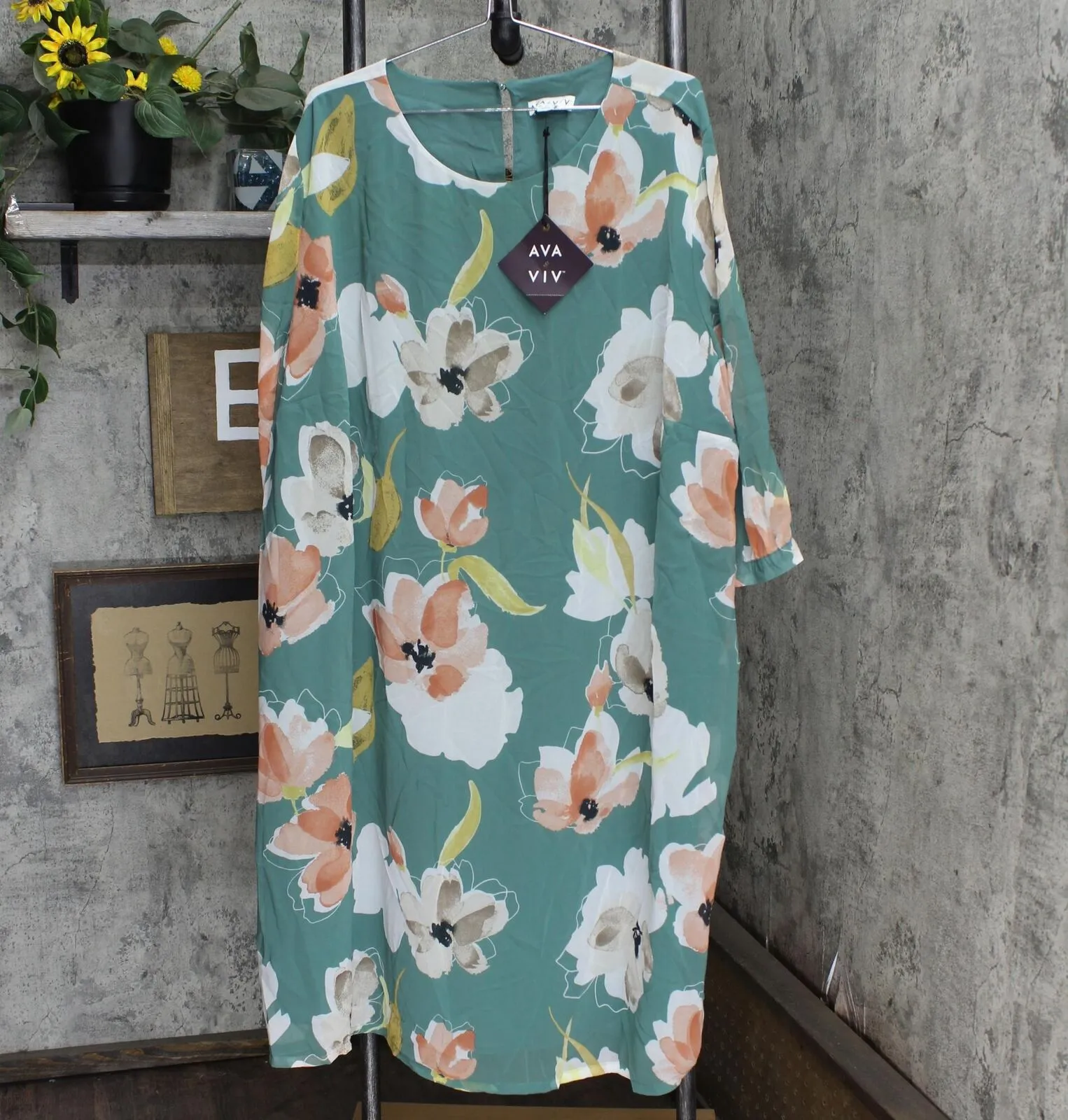 Ava & Viv Women's Plus Size Floral Print 3/4 Sleeve Dress 564899 Green 3X