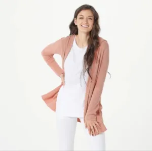 Barefoot Dreams CozyChic Ultra Lite Hooded Ribbed Cardi Coral pink 1X