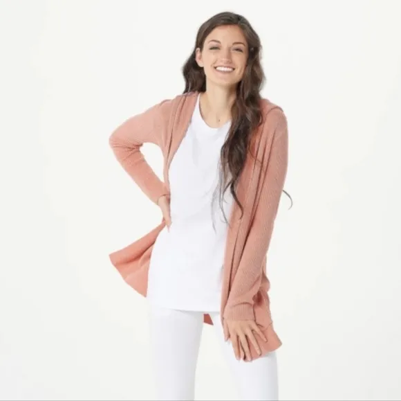Barefoot Dreams CozyChic Ultra Lite Hooded Ribbed Cardi Coral pink 1X