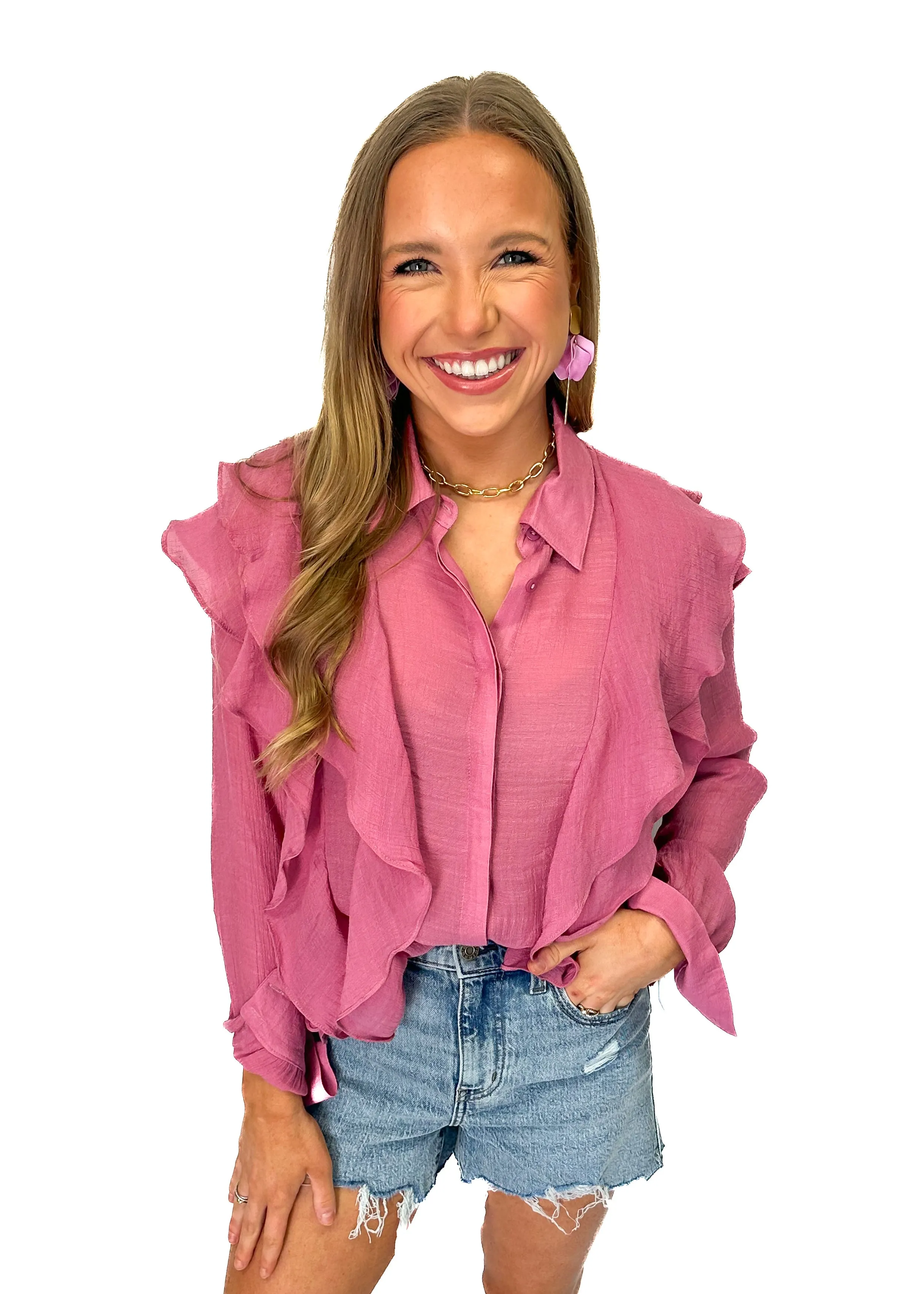 Bishop   Young Chantal Ruffle Long Sleeve Top - Rose