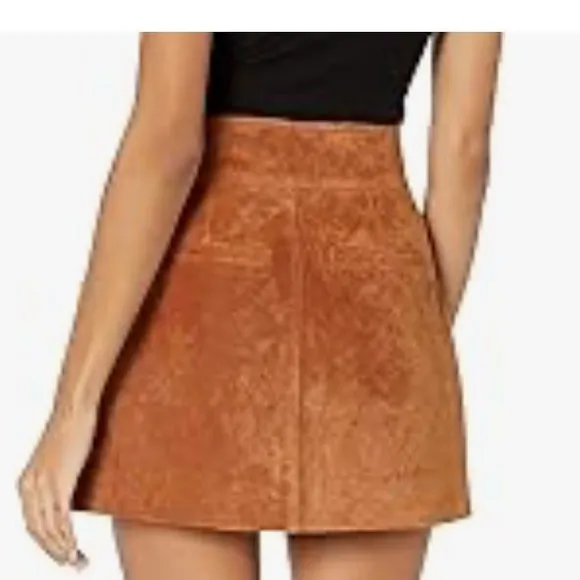 Blank NYC 25 Skirt Mini SnapFlap Patch Pocket Brown Suede 100% leather lined NWT