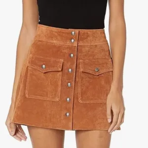 Blank NYC 25 Skirt Mini SnapFlap Patch Pocket Brown Suede 100% leather lined NWT