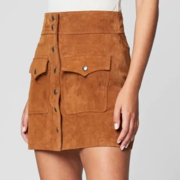Blank NYC 25 Skirt Mini SnapFlap Patch Pocket Brown Suede 100% leather lined NWT