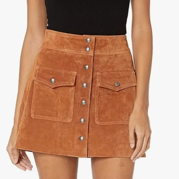 Blank NYC 25 Skirt Mini SnapFlap Patch Pocket Brown Suede 100% leather lined NWT