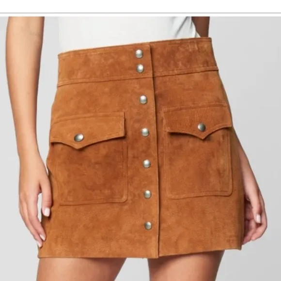 Blank NYC 25 Skirt Mini SnapFlap Patch Pocket Brown Suede 100% leather lined NWT