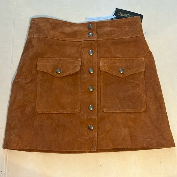 Blank NYC 25 Skirt Mini SnapFlap Patch Pocket Brown Suede 100% leather lined NWT