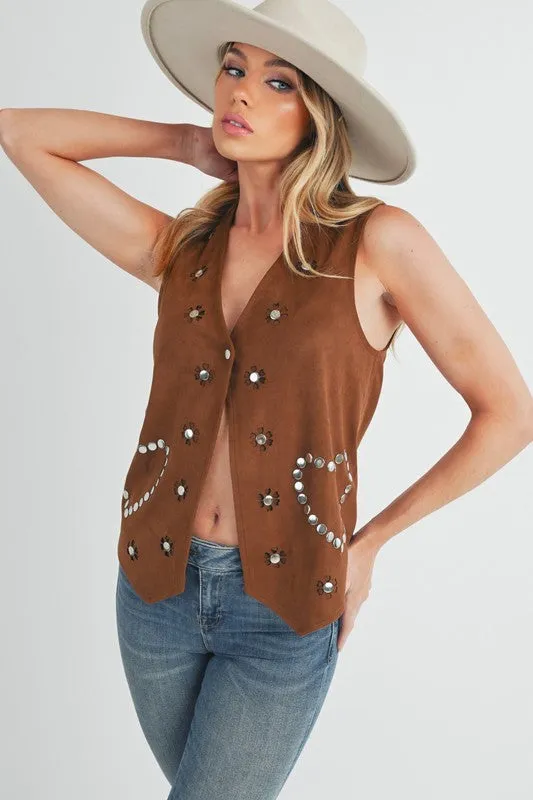 Brown Heart Rivet Detail Suede Vest Coat