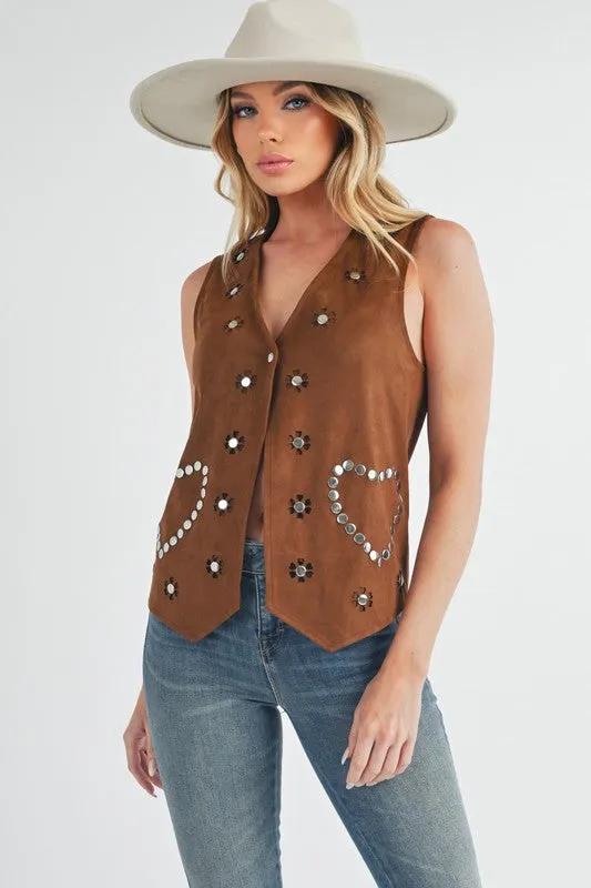 Brown Heart Rivet Detail Suede Vest Coat