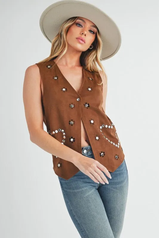 Brown Heart Rivet Detail Suede Vest Coat