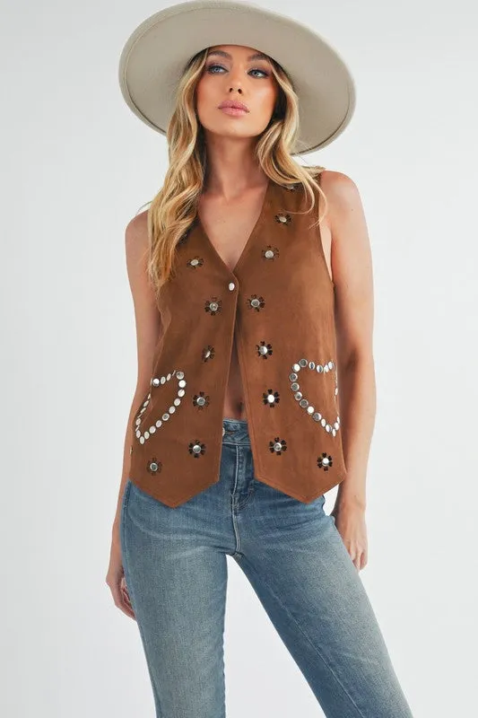 Brown Heart Rivet Detail Suede Vest Coat