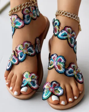 Butterfly Pattern Toe Ring Slingback Beach Sandals