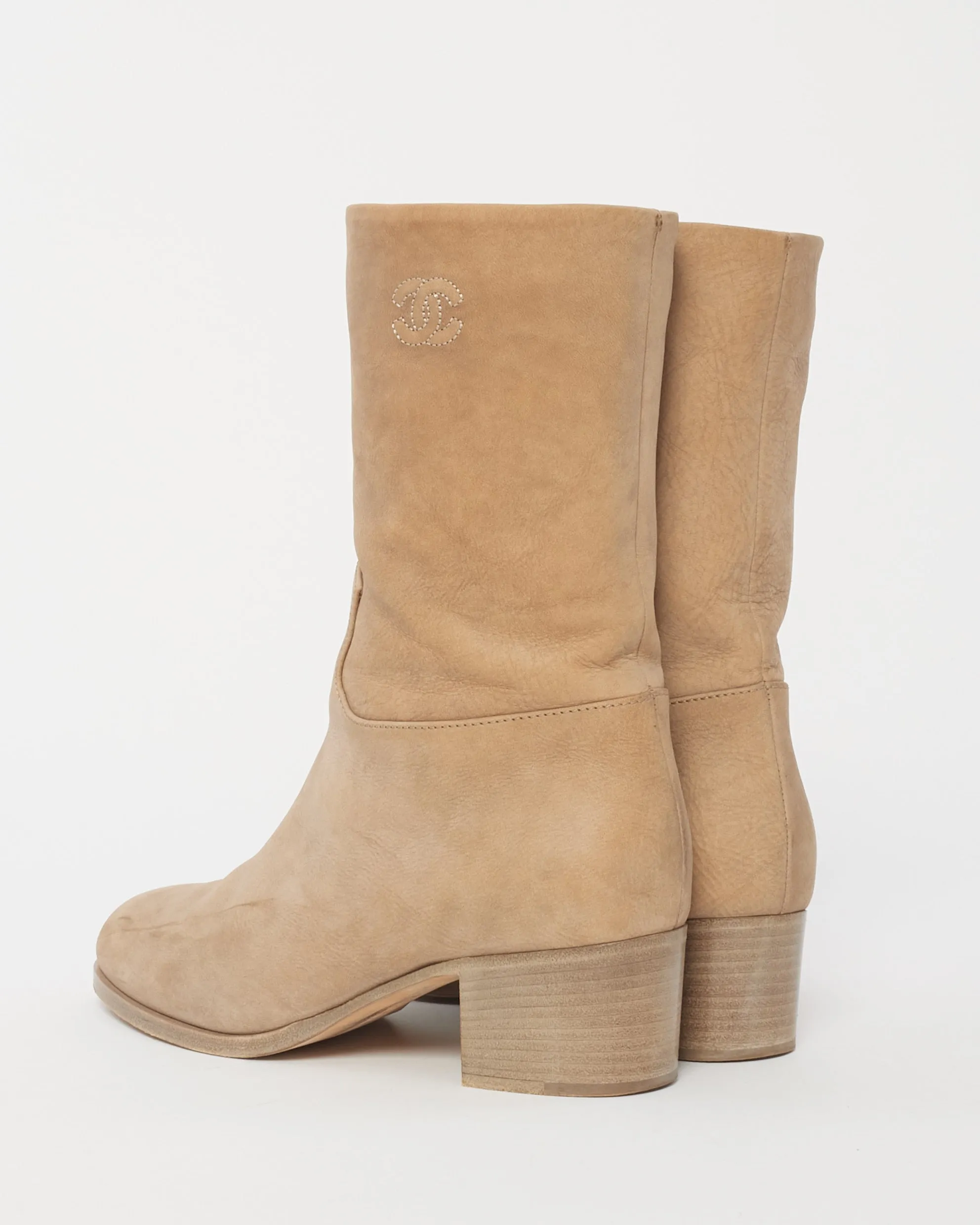 Chanel Light Beige Suede Logo Stitch Ankle Booties - 36.5