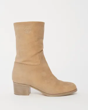 Chanel Light Beige Suede Logo Stitch Ankle Booties - 36.5