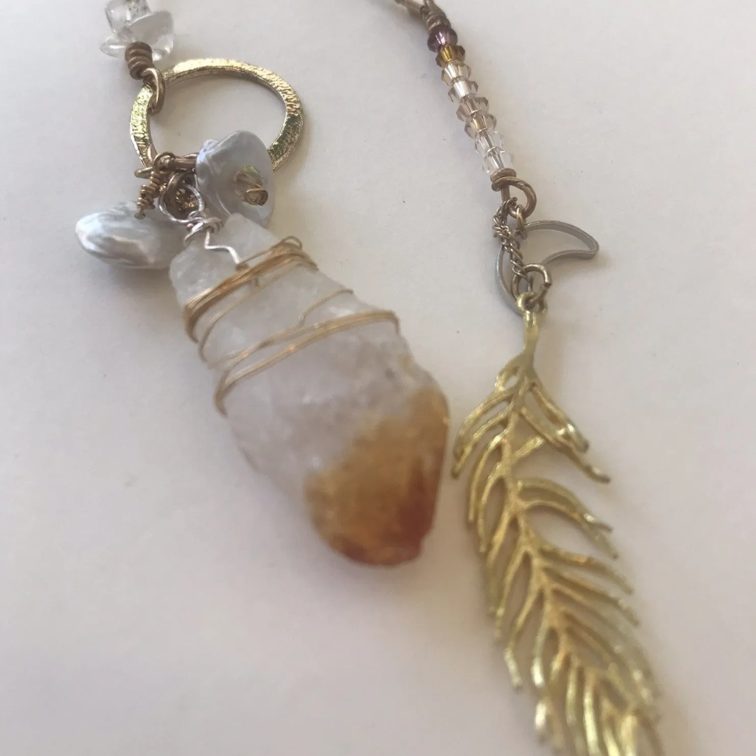 Citrine Point Necklace with Gold Feather