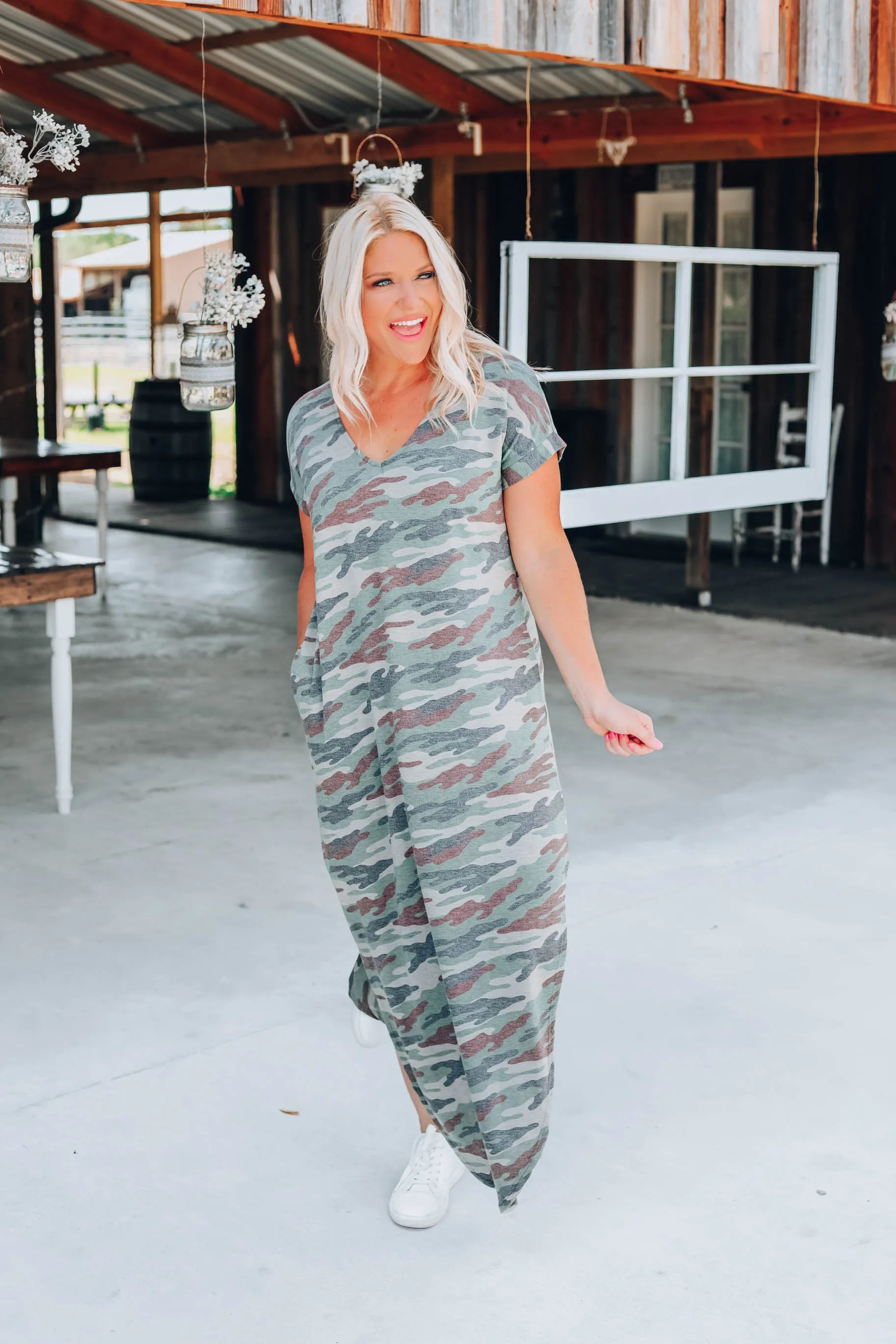 Country Roads Camo Maxi Dress - Olive