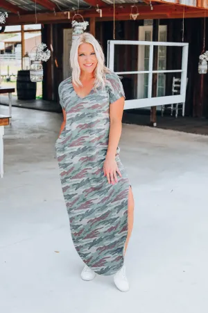 Country Roads Camo Maxi Dress - Olive