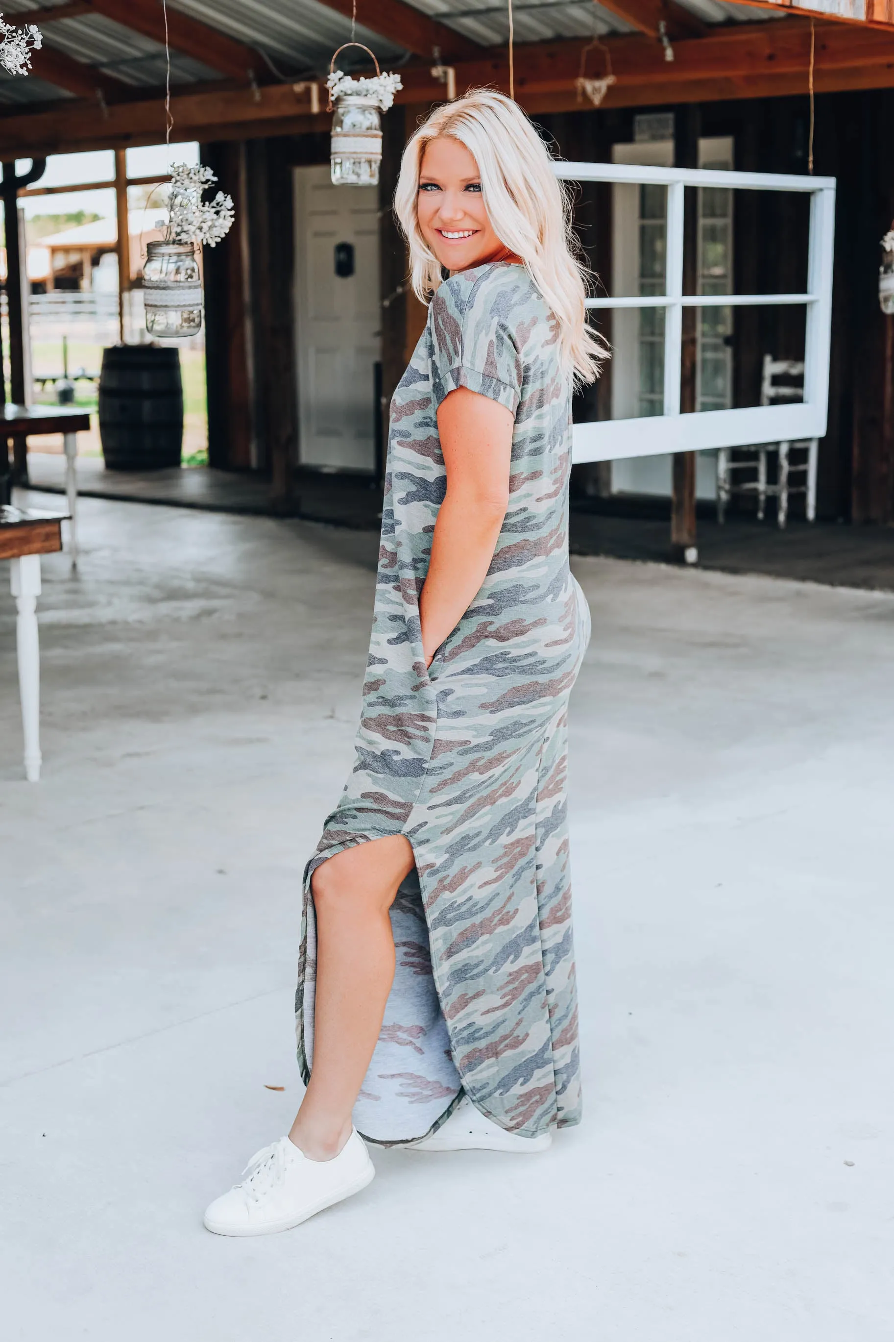 Country Roads Camo Maxi Dress - Olive