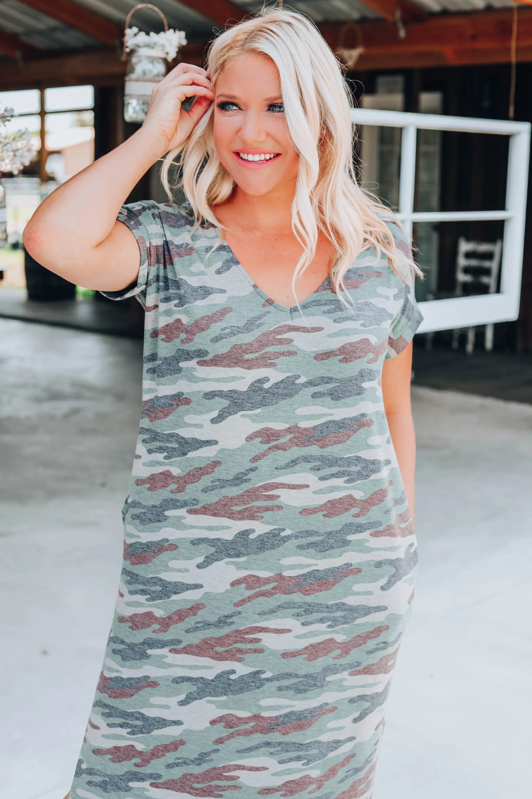 Country Roads Camo Maxi Dress - Olive