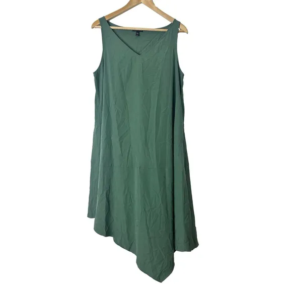 EILEEN FISHER Asymmetrical Shift Maxi Dress Medium Green Lagenlook Beach $238
