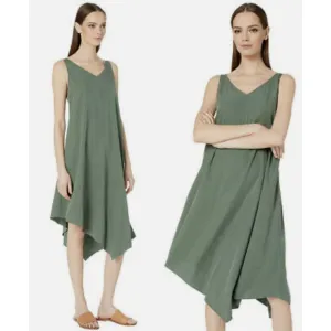 EILEEN FISHER Asymmetrical Shift Maxi Dress Medium Green Lagenlook Beach $238