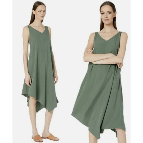 EILEEN FISHER Asymmetrical Shift Maxi Dress Medium Green Lagenlook Beach $238