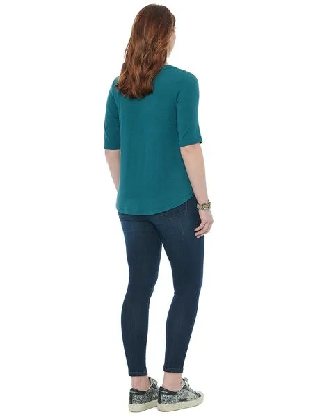 Elbow Sleeve Notch Neck  Shirttail Hem Top
