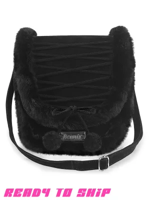 FAUX SUEDE & FUR CROSS BODY BAG - BLACK