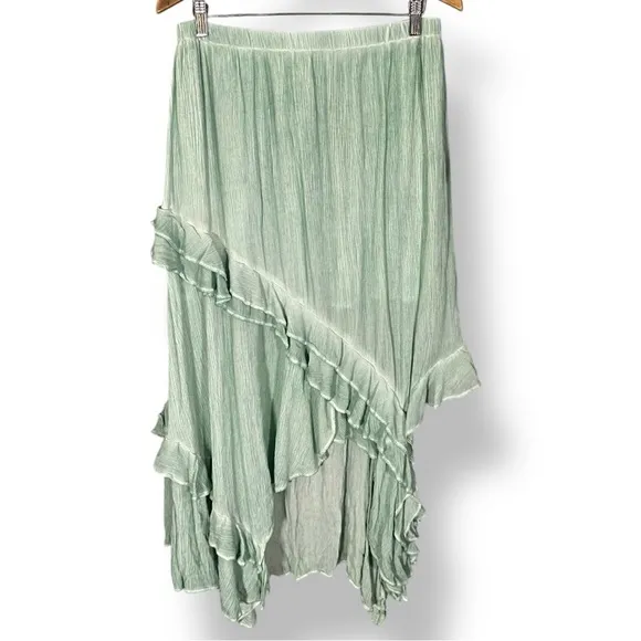 FREE PEOPLE If Only Mint Green Ruffled Asymmetrical Gauzy Boho Maxi Skirt L
