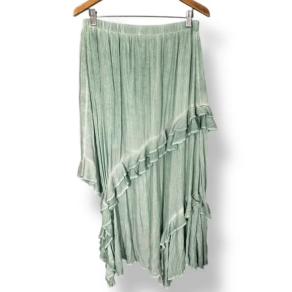 FREE PEOPLE If Only Mint Green Ruffled Asymmetrical Gauzy Boho Maxi Skirt L