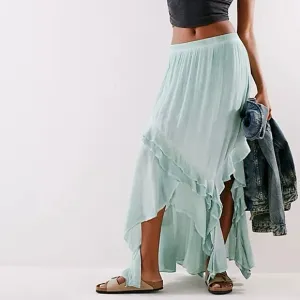 FREE PEOPLE If Only Mint Green Ruffled Asymmetrical Gauzy Boho Maxi Skirt L