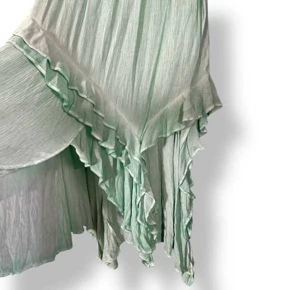 FREE PEOPLE If Only Mint Green Ruffled Asymmetrical Gauzy Boho Maxi Skirt L