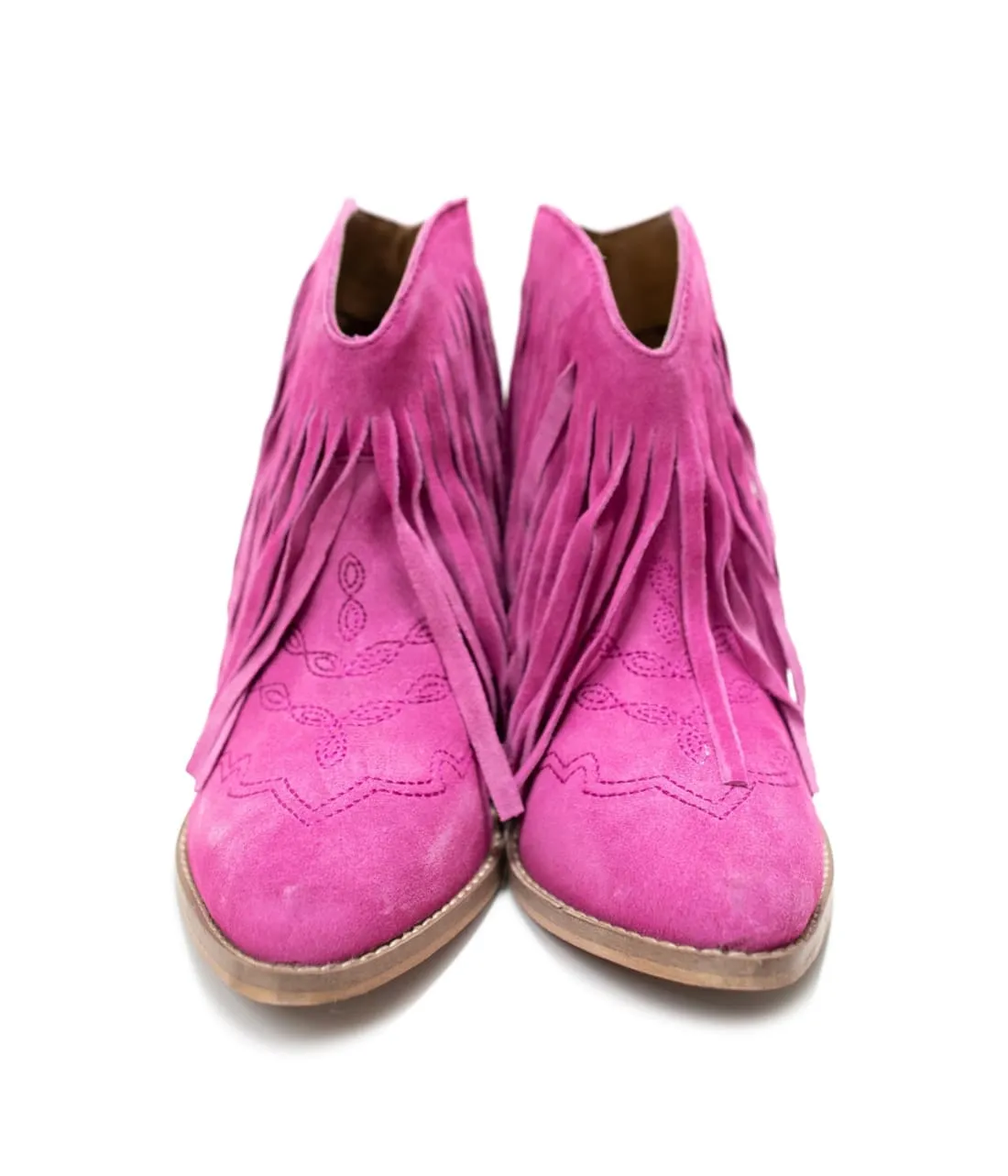 Genuine Suede Amos Fringe Ankle Bootie in Magenta