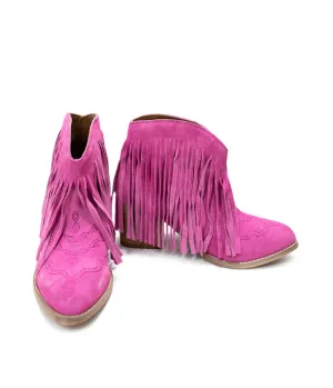 Genuine Suede Amos Fringe Ankle Bootie in Magenta